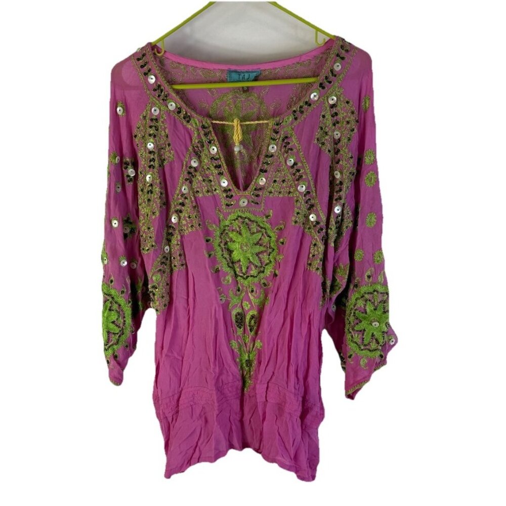 TAJ Sabrina Crippa Silk Embroidered Embellished Blouse Shirt Boho